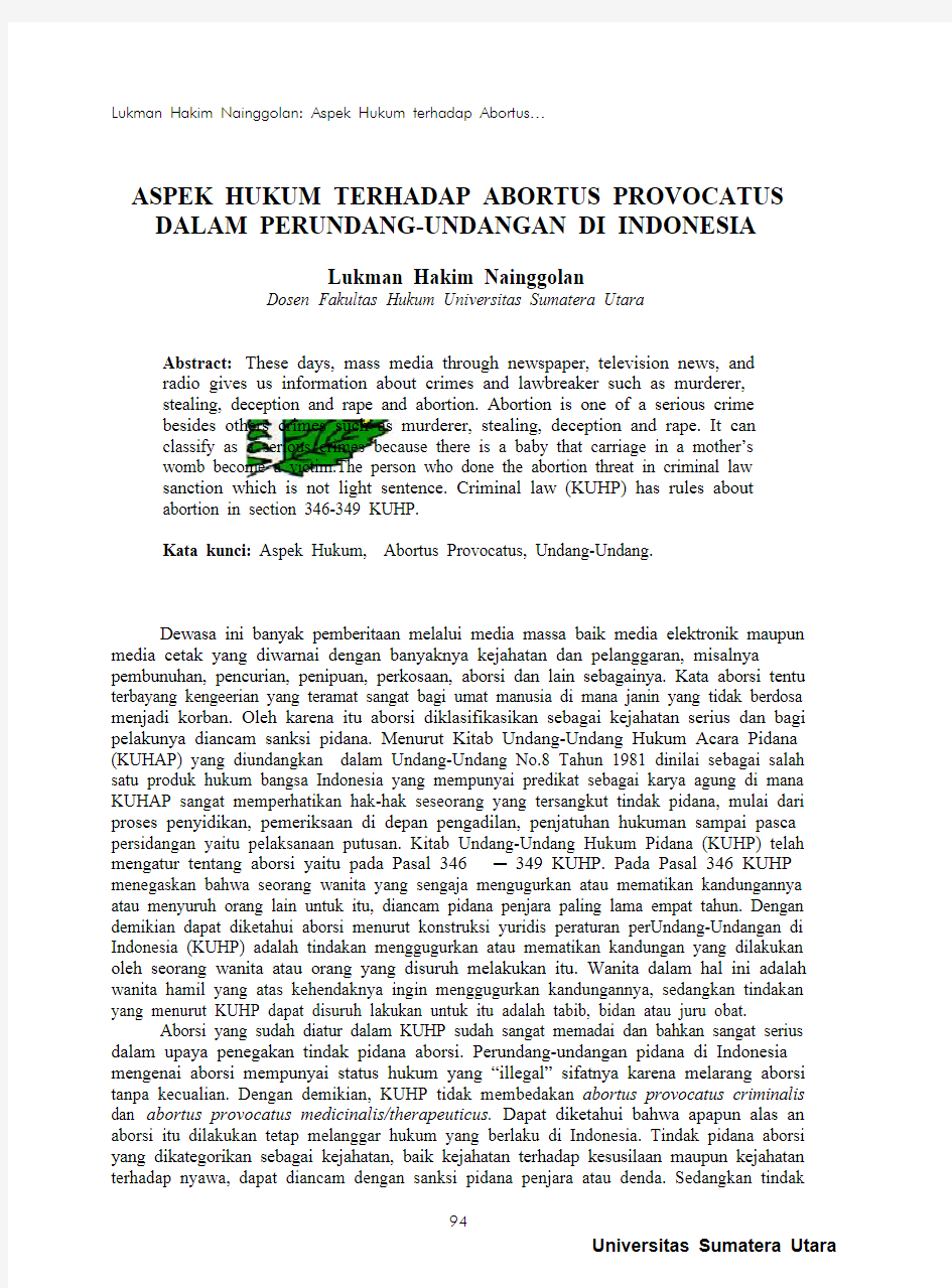 ASPEK HUKUM TERHADAP ABORTUS PROVOCATUS DALAM PERUNDANG-UNDANGAN DI INDONESIA