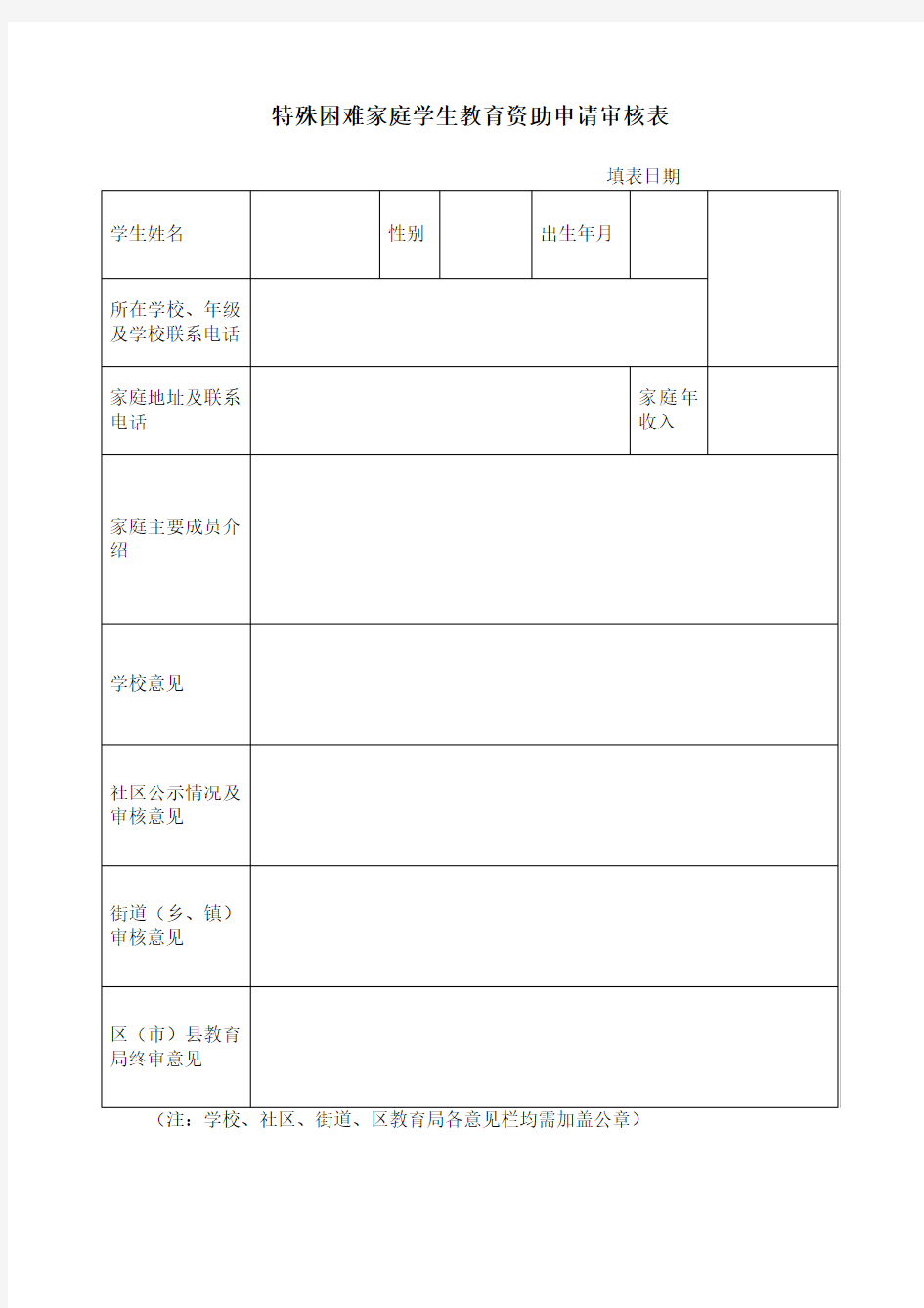 特殊困难家庭学生教育资助申请审核表