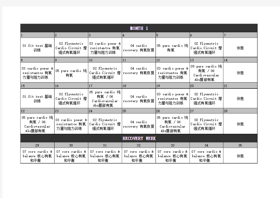 INSANITY 63天健身计划 中文课程表@蒋阿姨