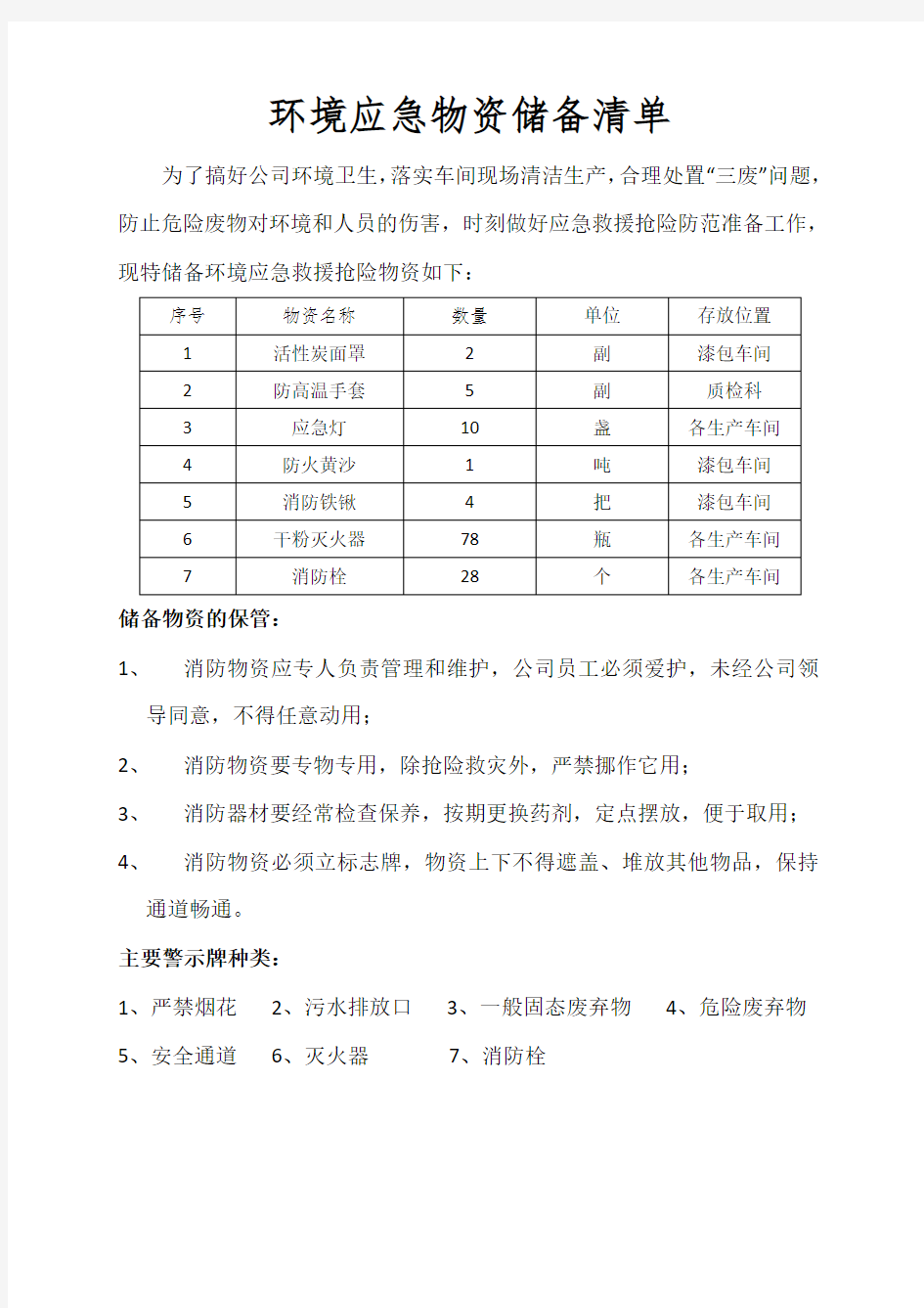 环境应急物资储备清单