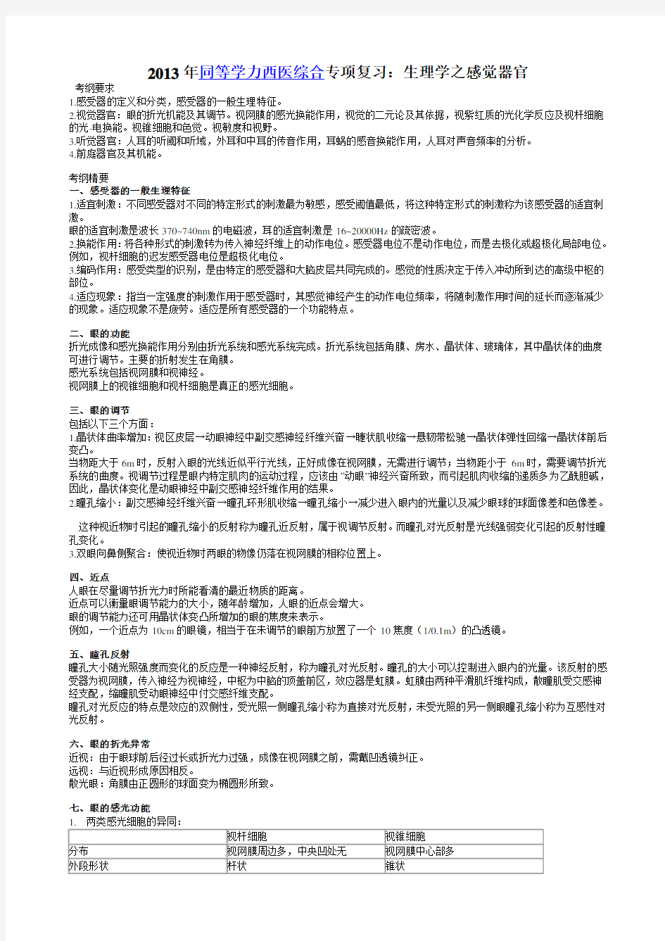 2013年同等学力西医综合专项复习生理学感觉器官