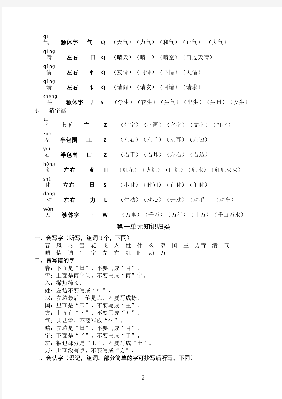 2019年小学一年级语文下册各单元复习资料(人教版)