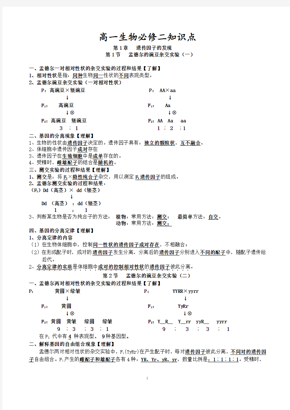 最新版高中生物必修二知识点总结-人教版