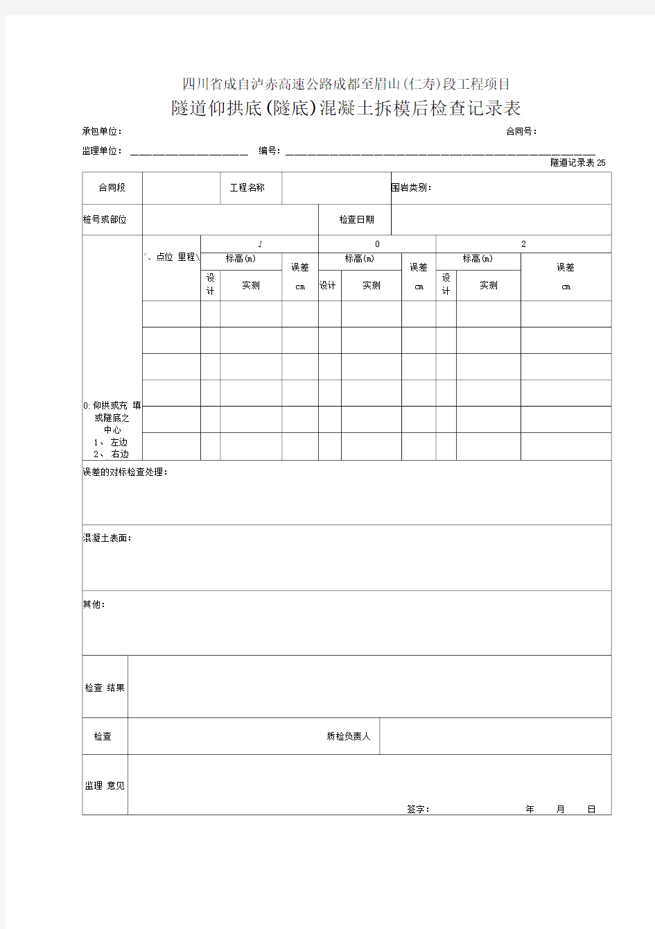 隧道仰拱底混凝土拆模后检查表