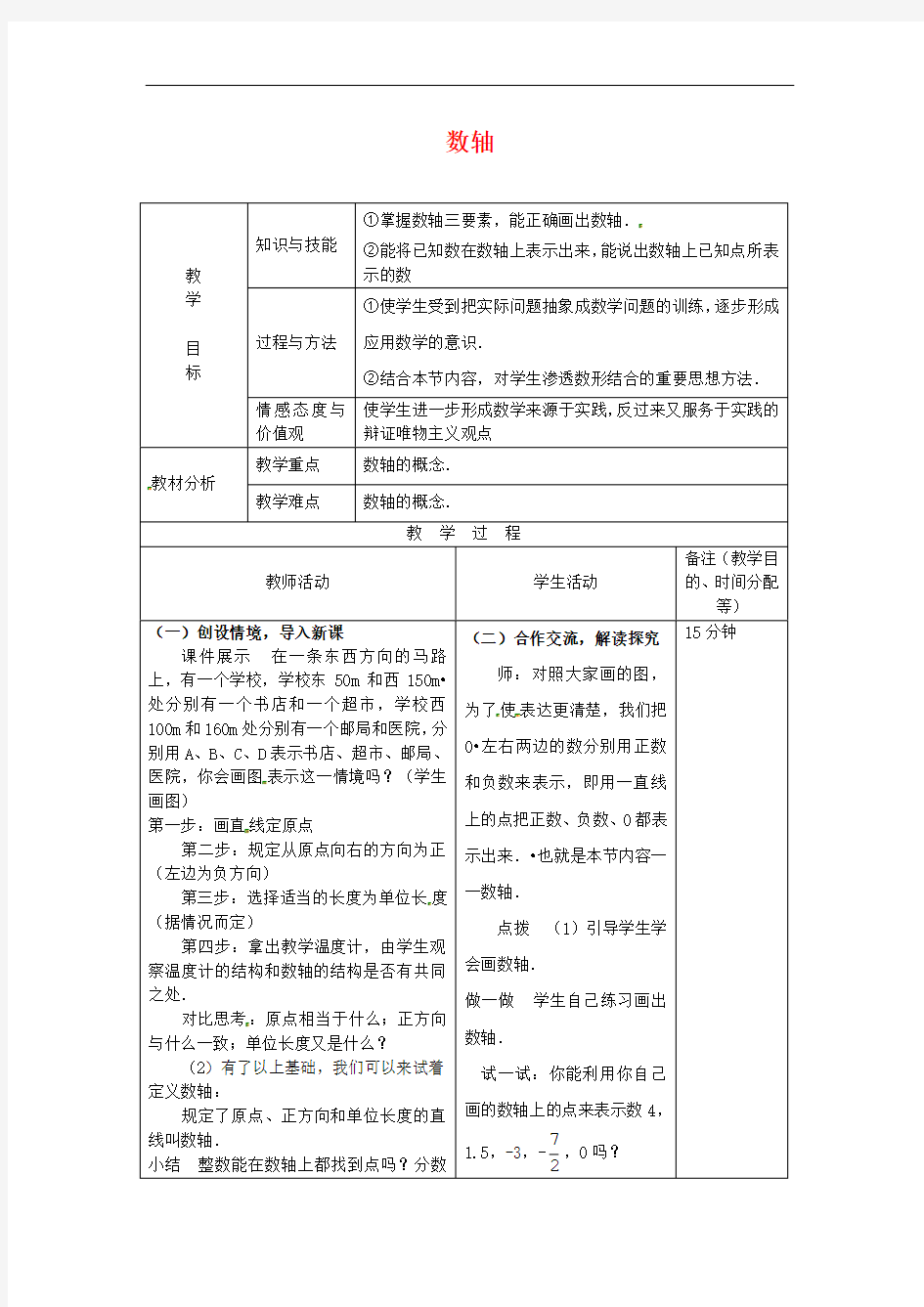 最新人教版初一七年级上册数学《数轴》教案