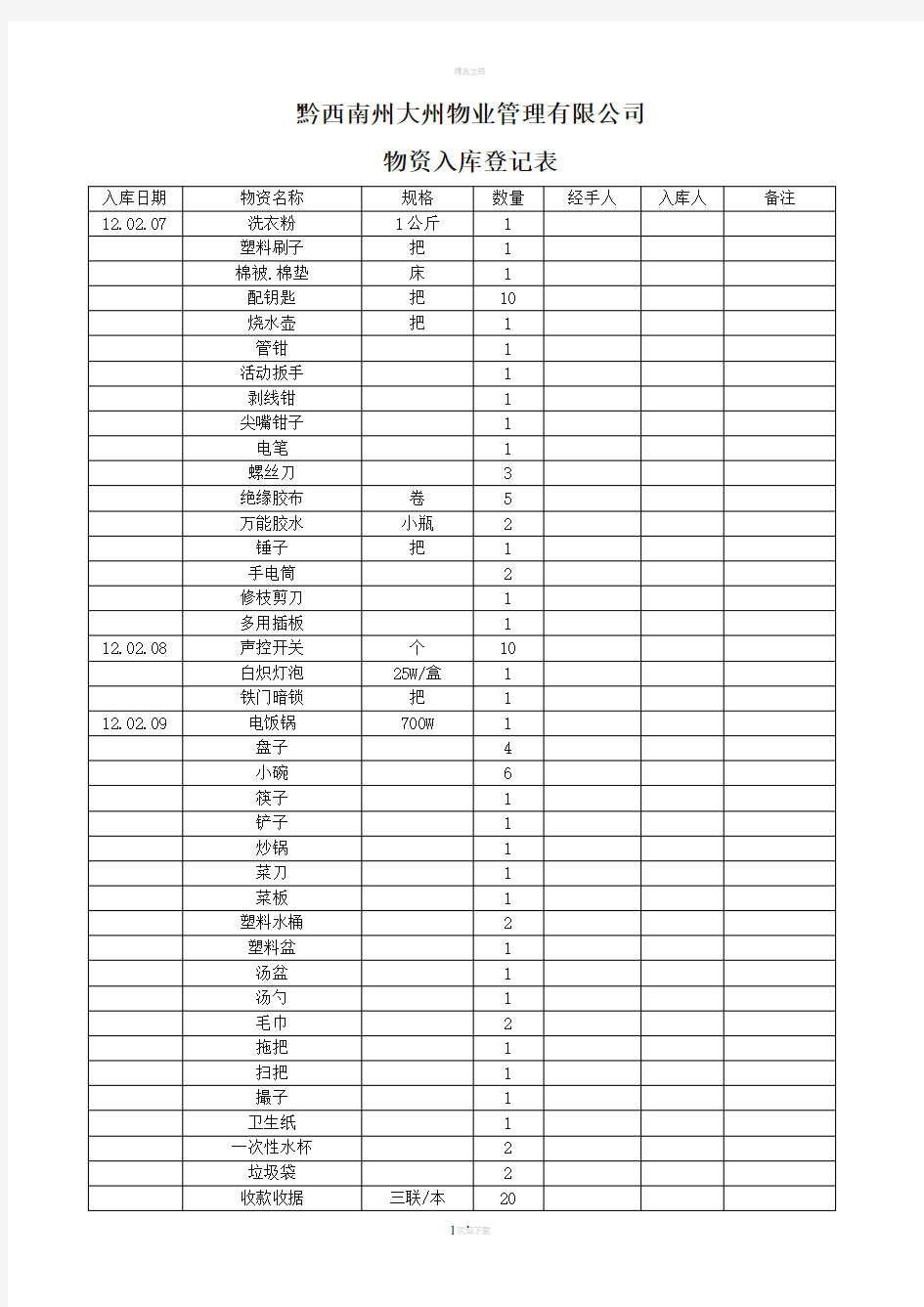 物资入库登记表