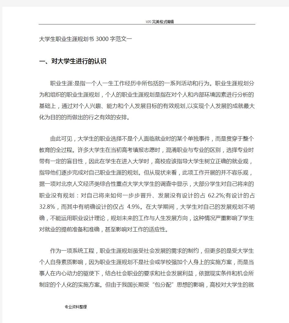 大学生职业生涯规划书3000字Word文档