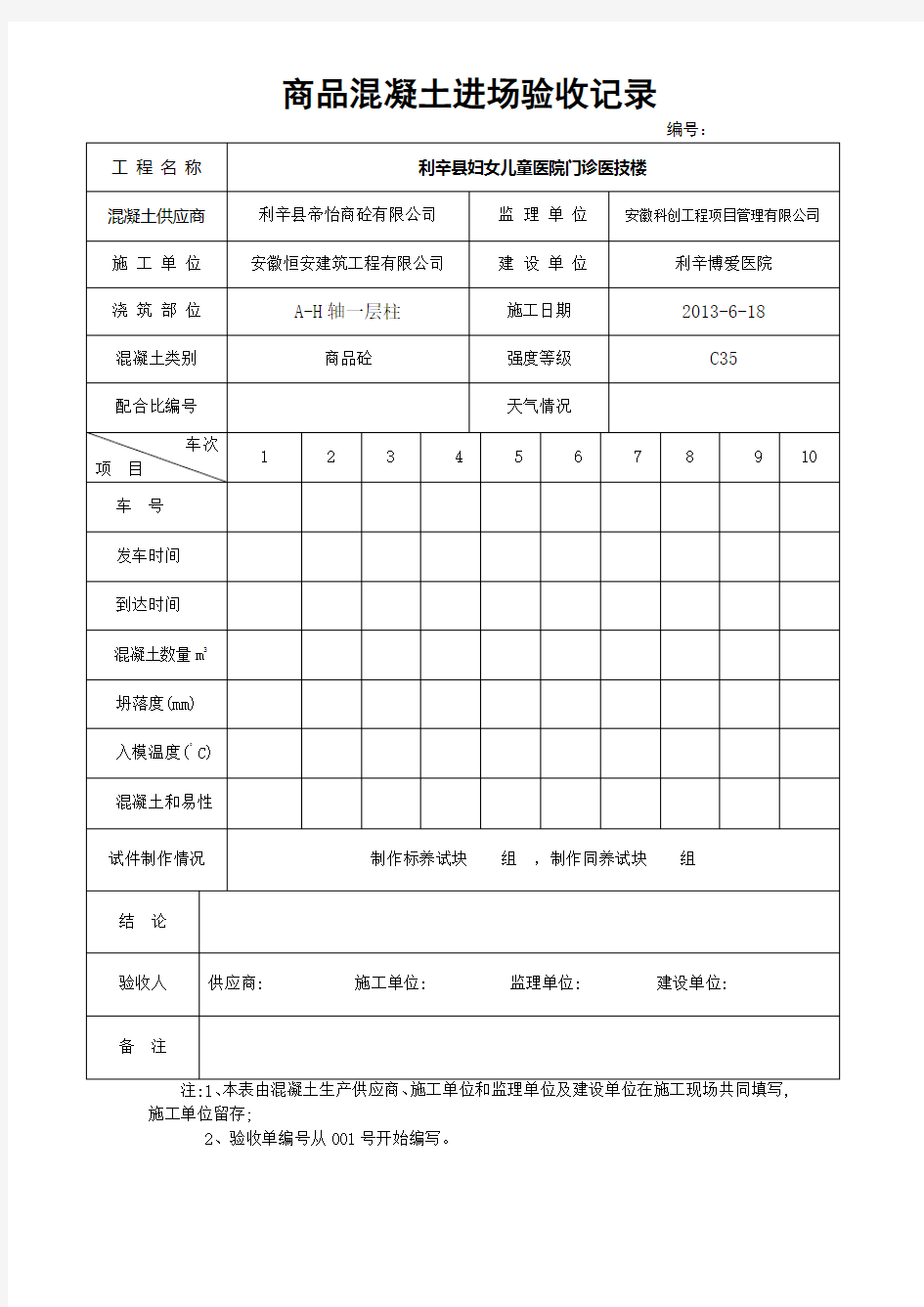 商品混凝土进场验收记录