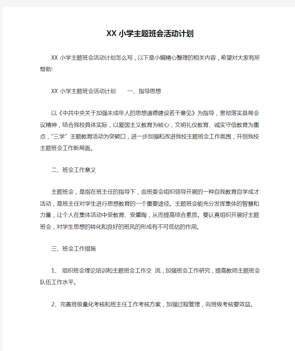 XX小学主题班会活动计划