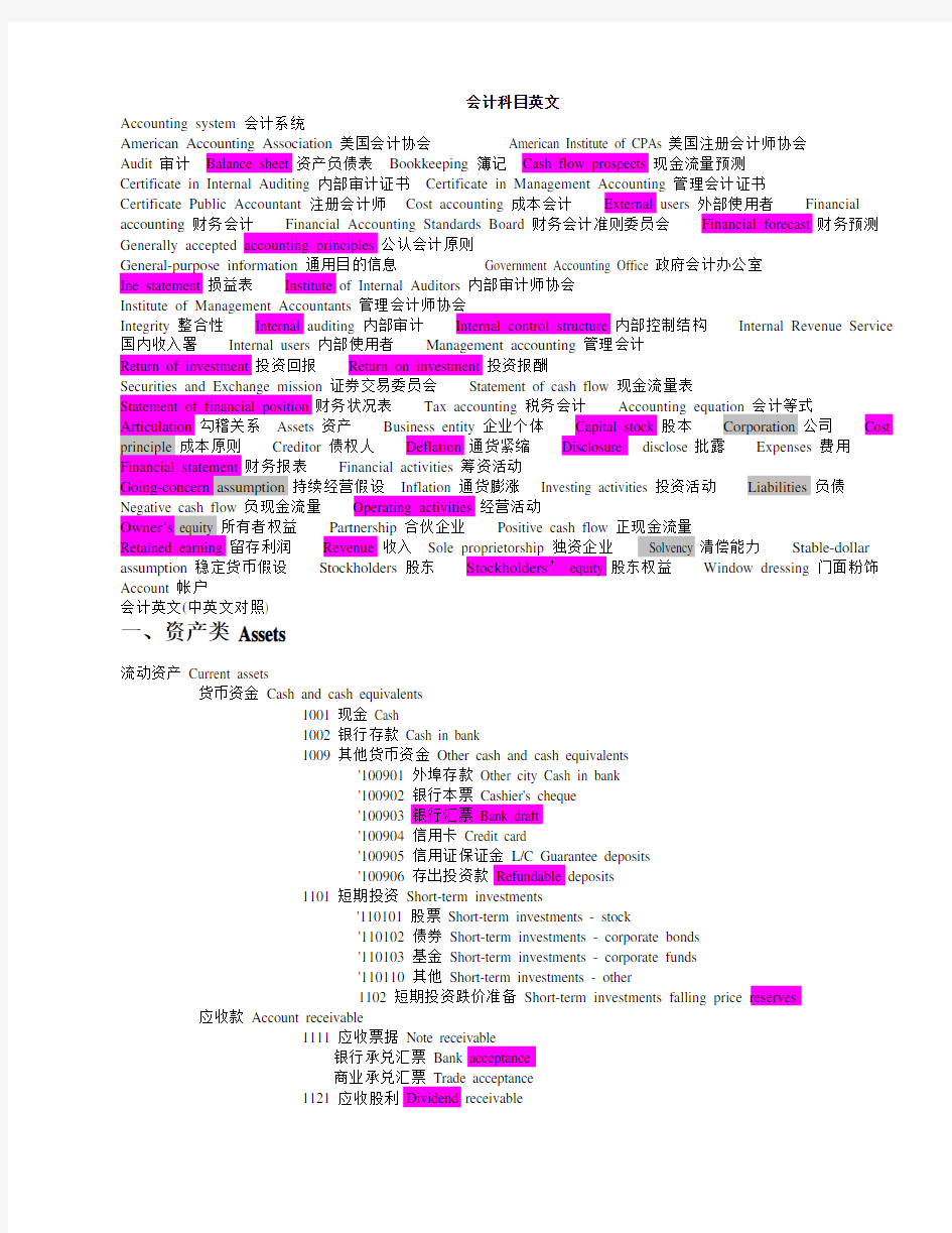 财务管理-会计英语专用词汇及术语(中英文版)