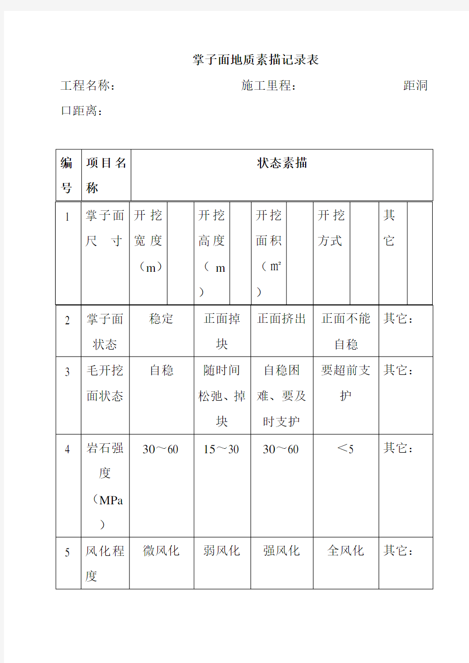 掌子面地质素描记录表