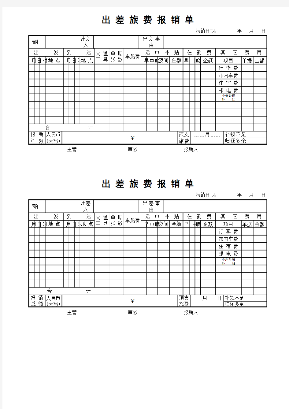 出差费用报销单