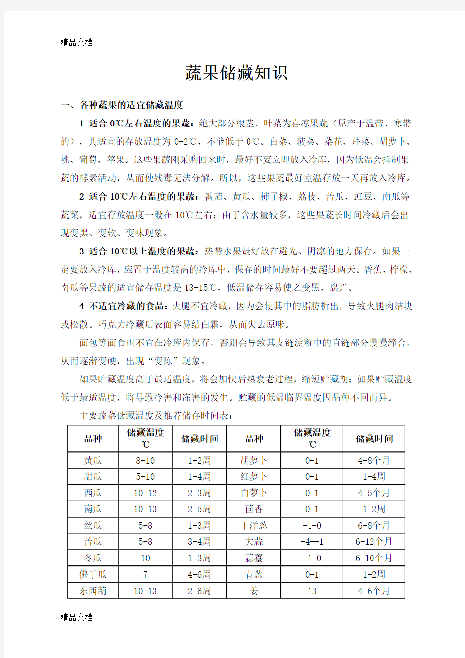 各种蔬菜水果的适宜储藏温度资料