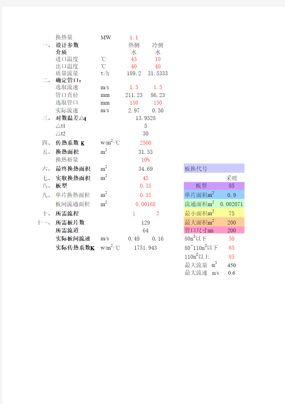 板式换热器选型计算