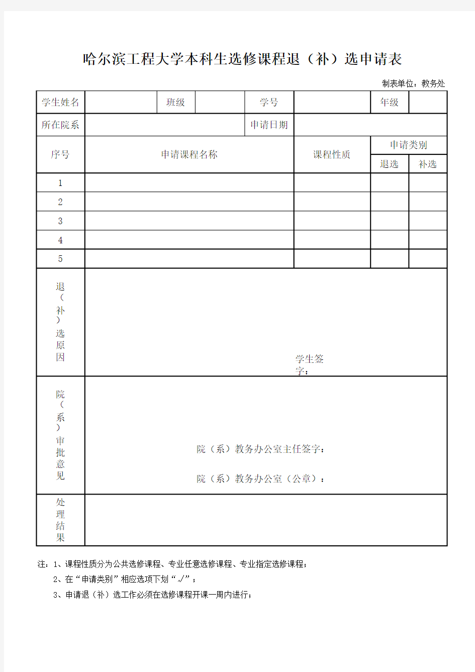 (本科)学生退改选申请表