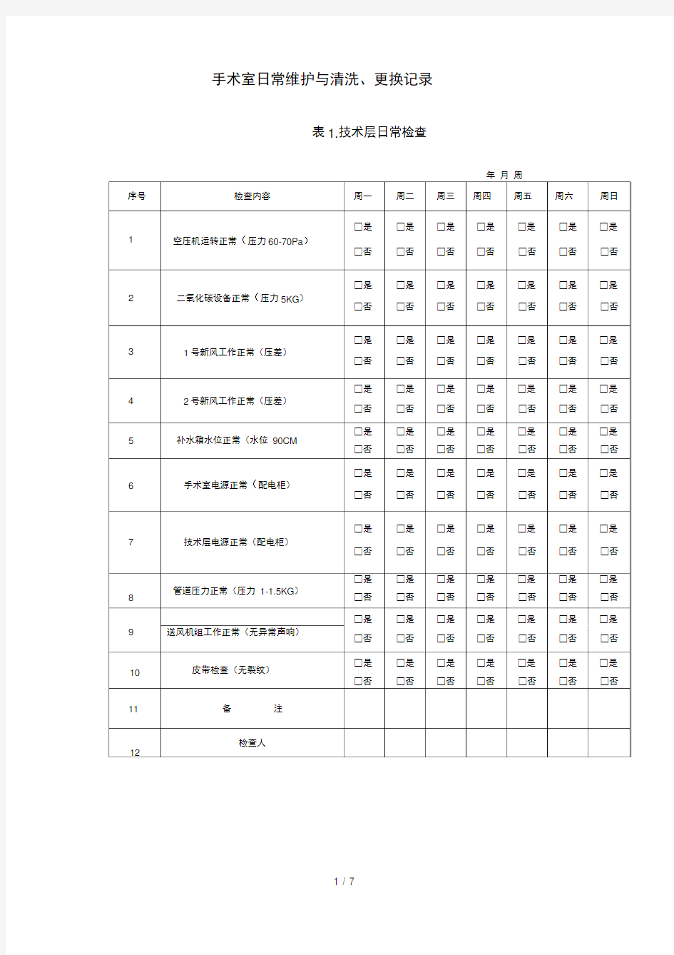 手术室日常维护与清洗、更换记录