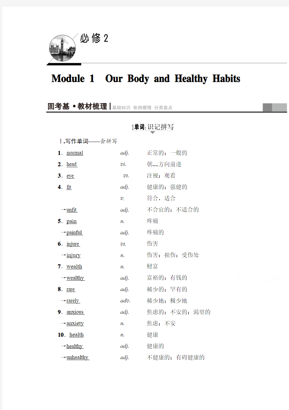 2018届高考英语基础知识复习学案7 必修二 Module 1 Our Body and Healthy Habits