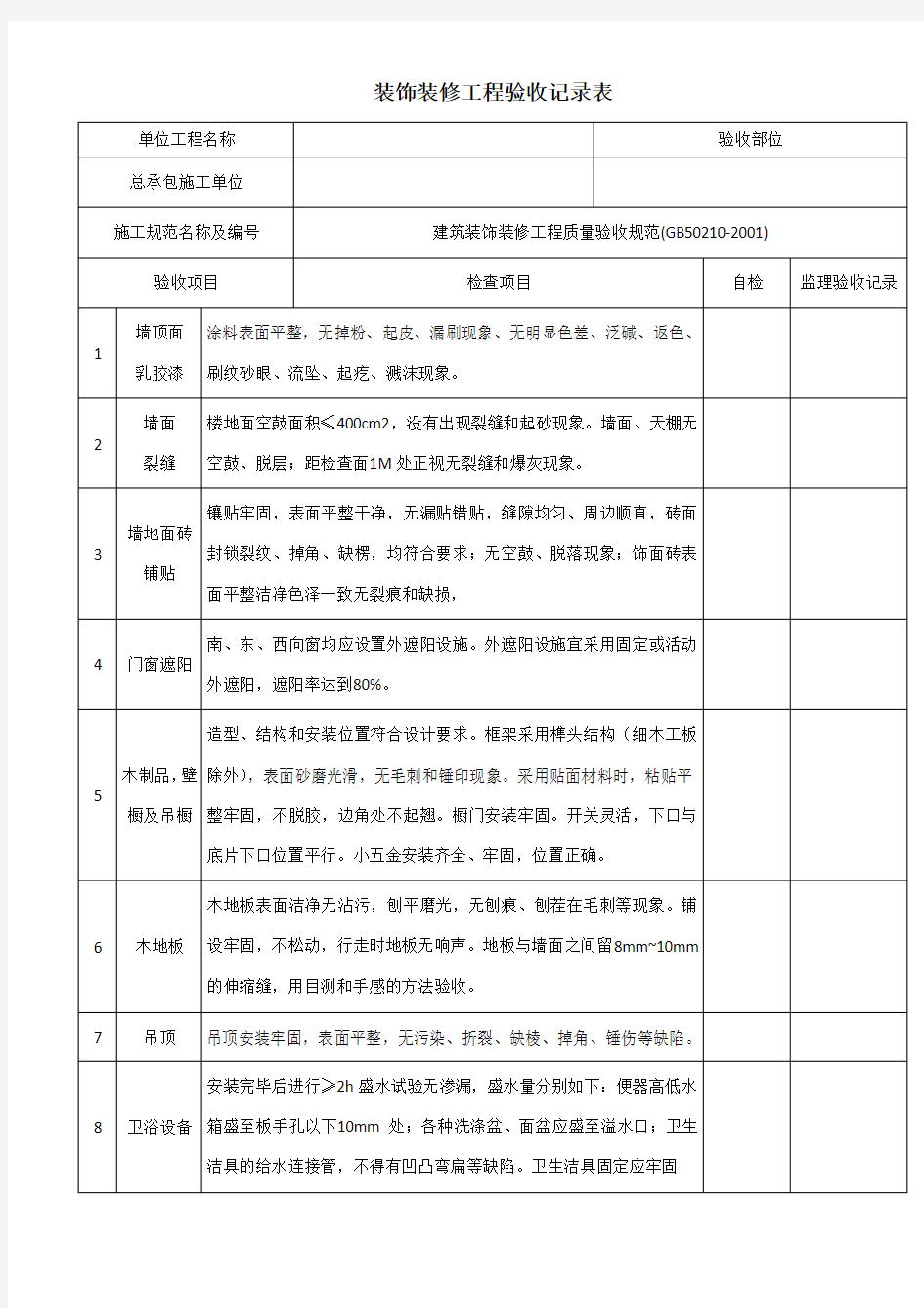 装饰装修工程验收记录表