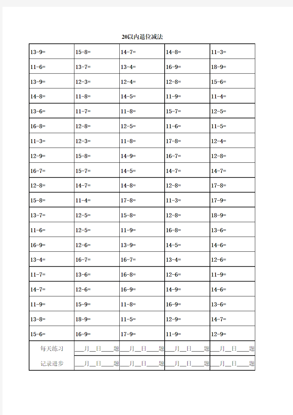 小学一年级20以内退位减法计算练习题