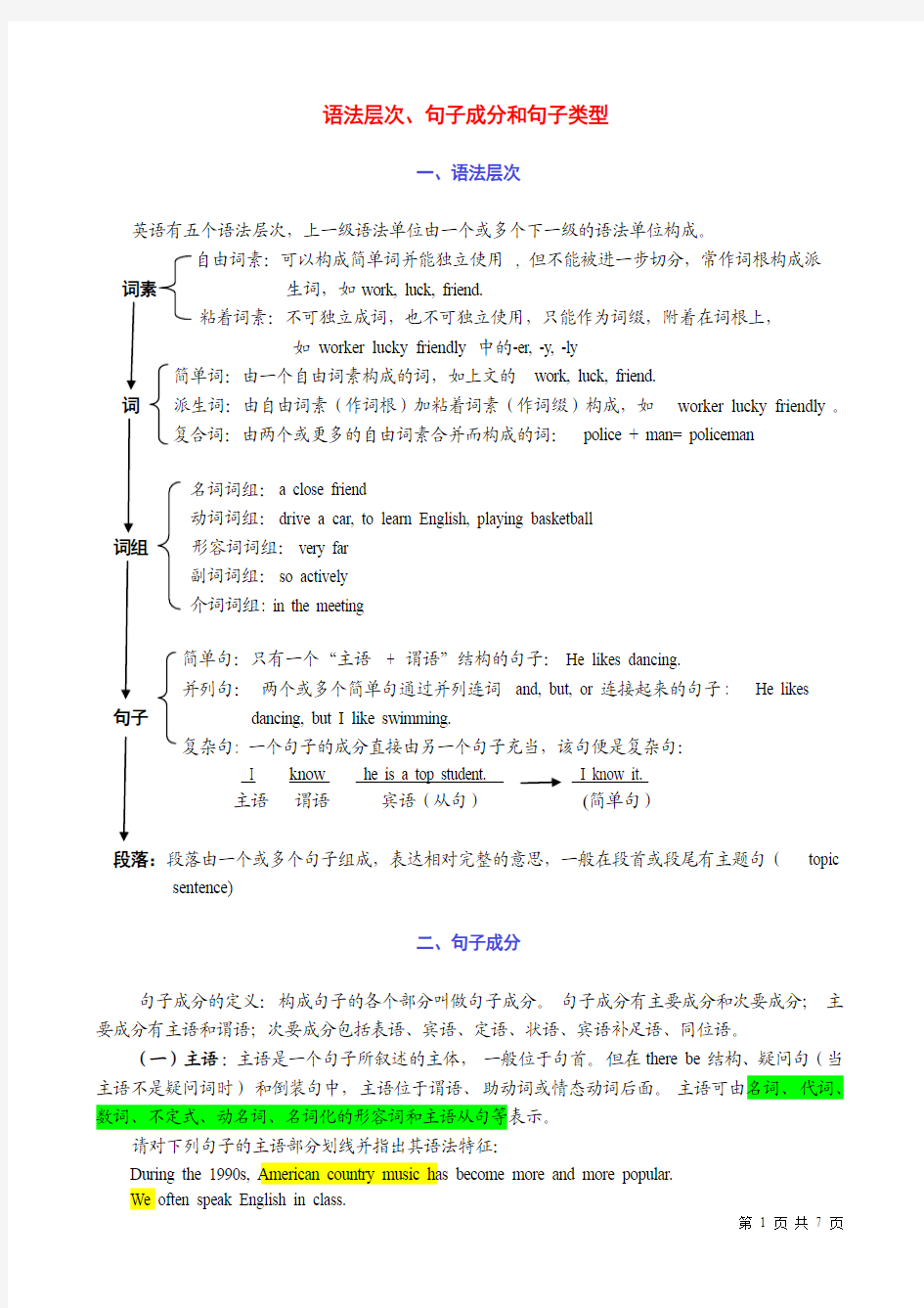 语法层次、句子成分和句子类型