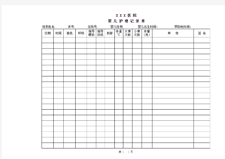 医院 婴儿护理记录单