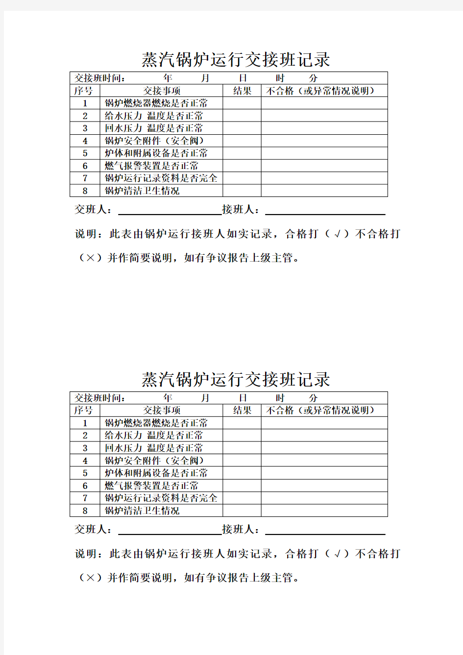 蒸汽锅炉运行交接班记录