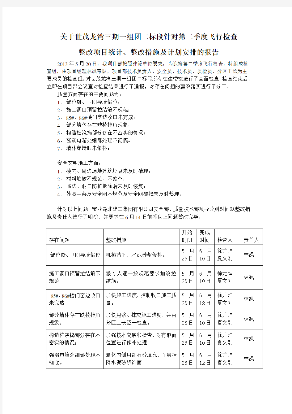 飞行检查整改计划6月份