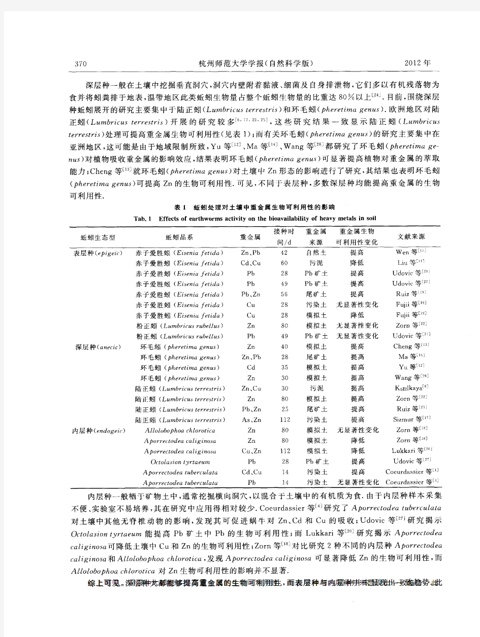 蚯蚓处理对土壤中重金属生物可利用性的影响