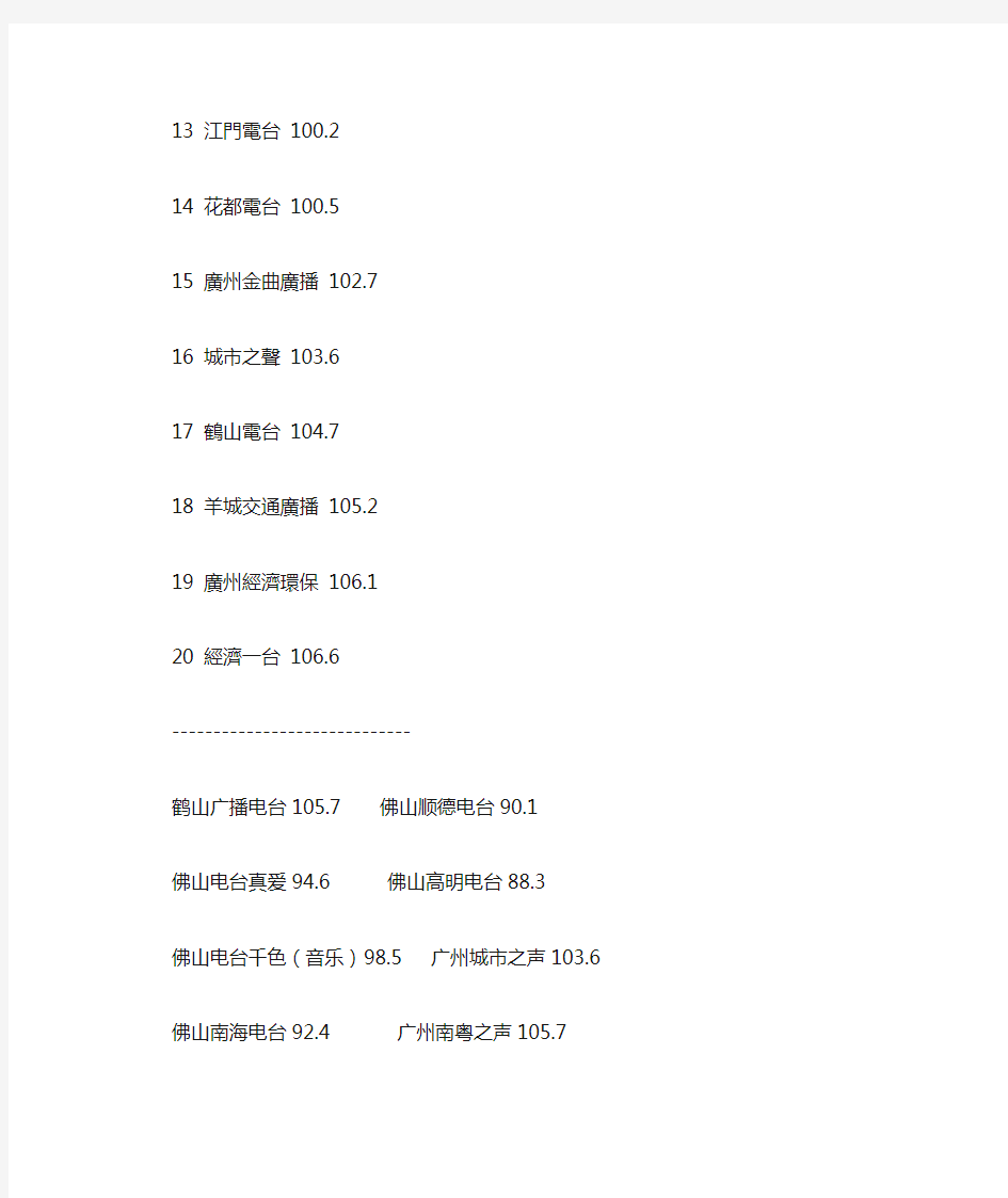 广东省FM电台频道频率列表