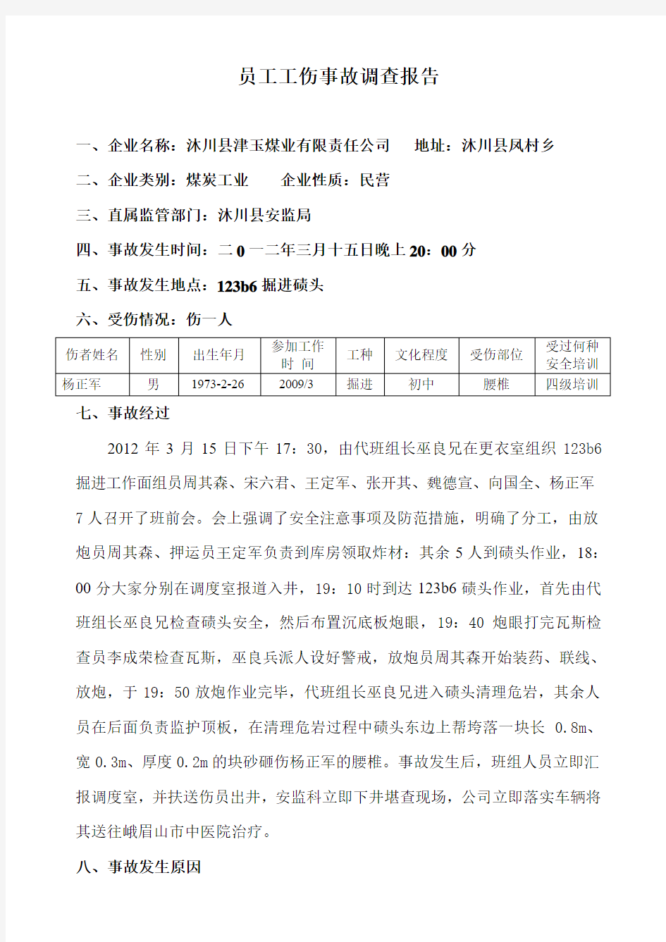 员工工伤事故调查报告——杨正军