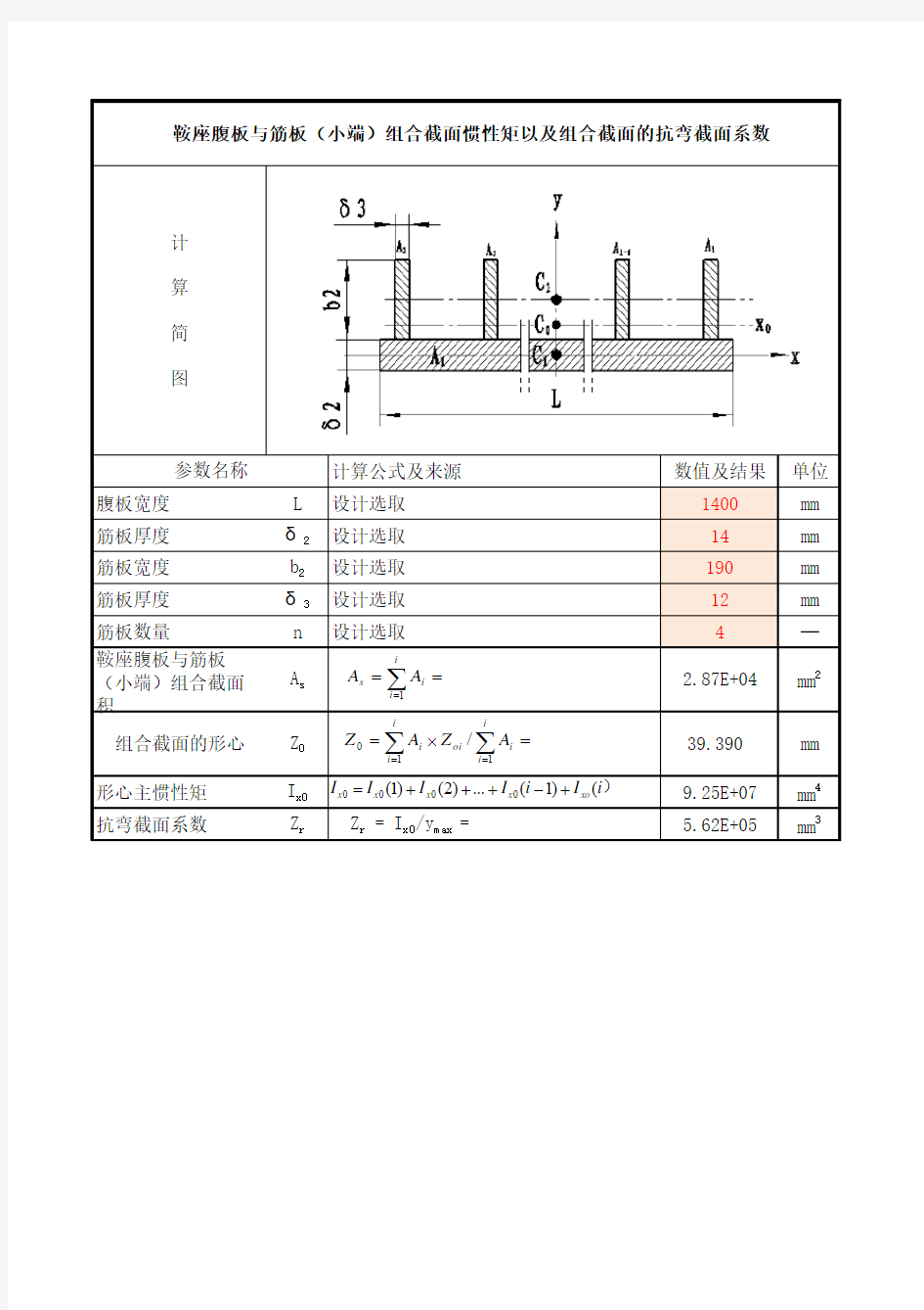 鞍座腹板与筋板组合截面抗弯截面系数计算