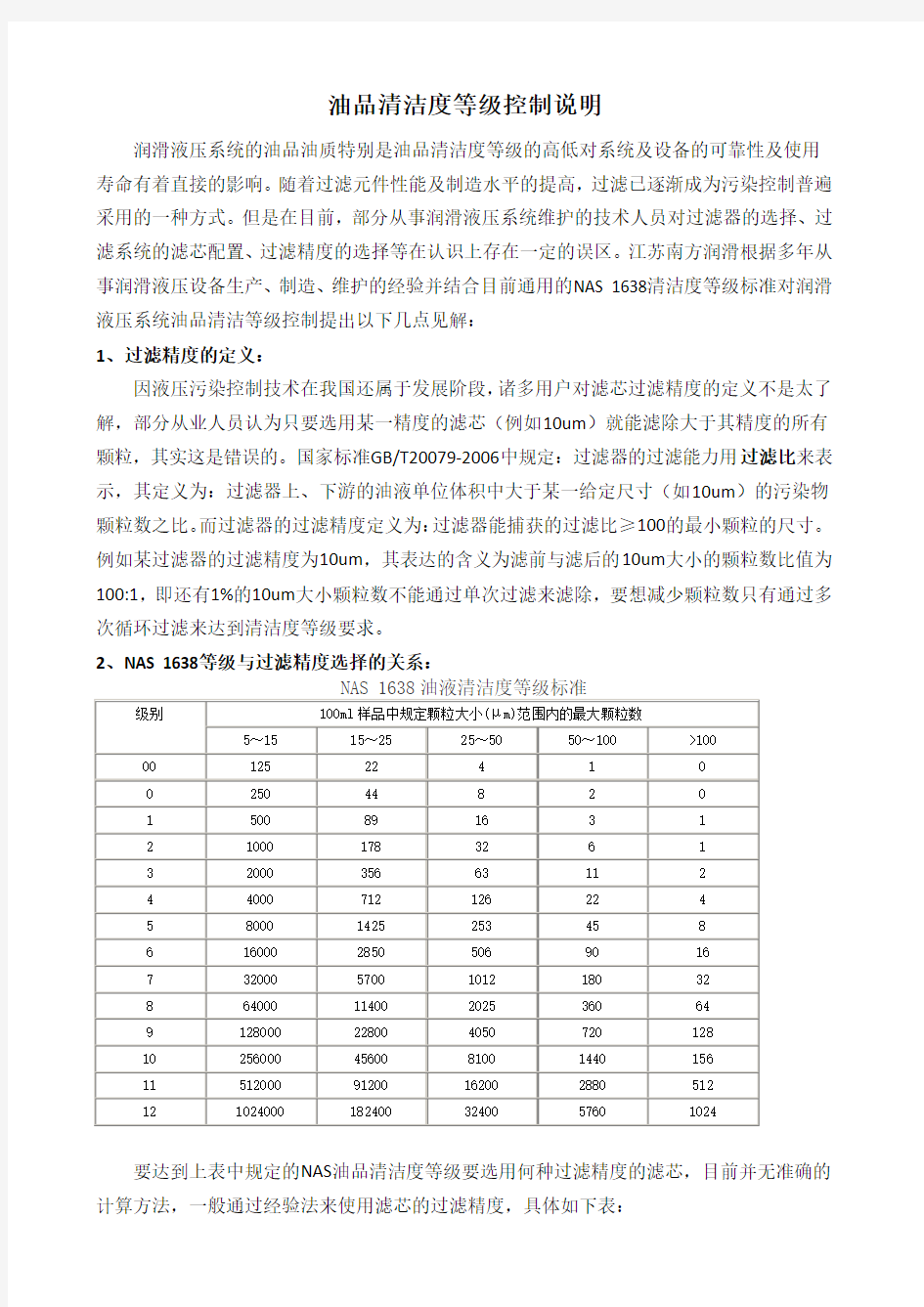 油品清洁度等级控制说明