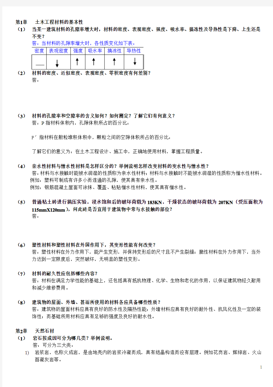 土木工程材料(湖南大学、天津大学、同济大学、东南大学_合编)课后习题答案