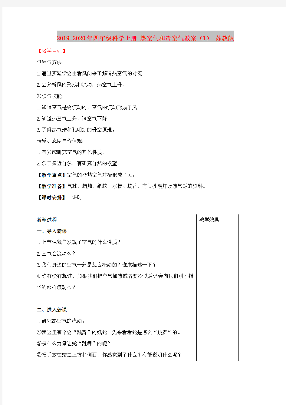 2019-2020年四年级科学上册 热空气和冷空气教案(1) 苏教版