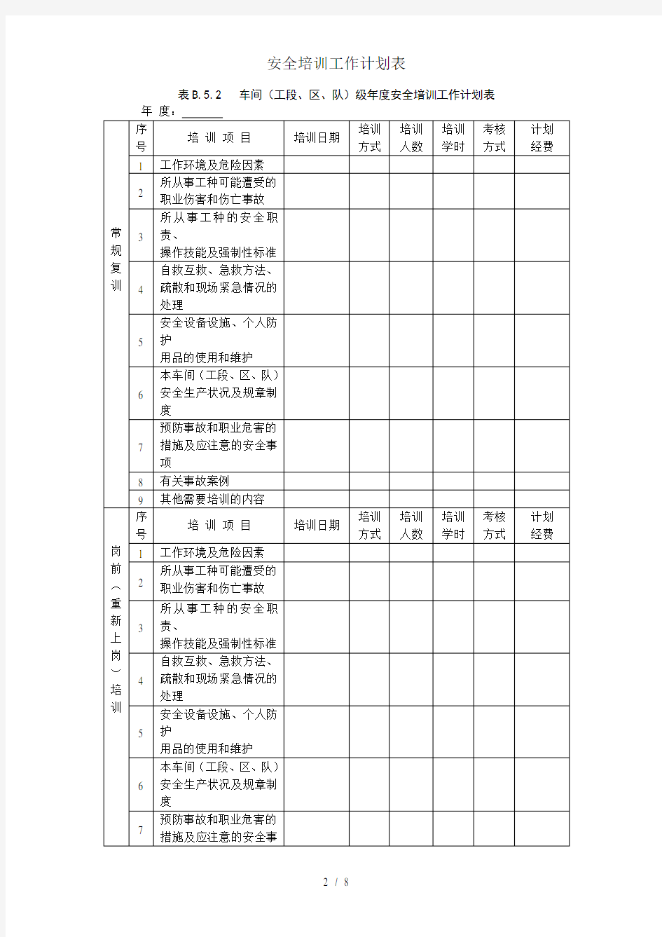 安全培训工作计划表