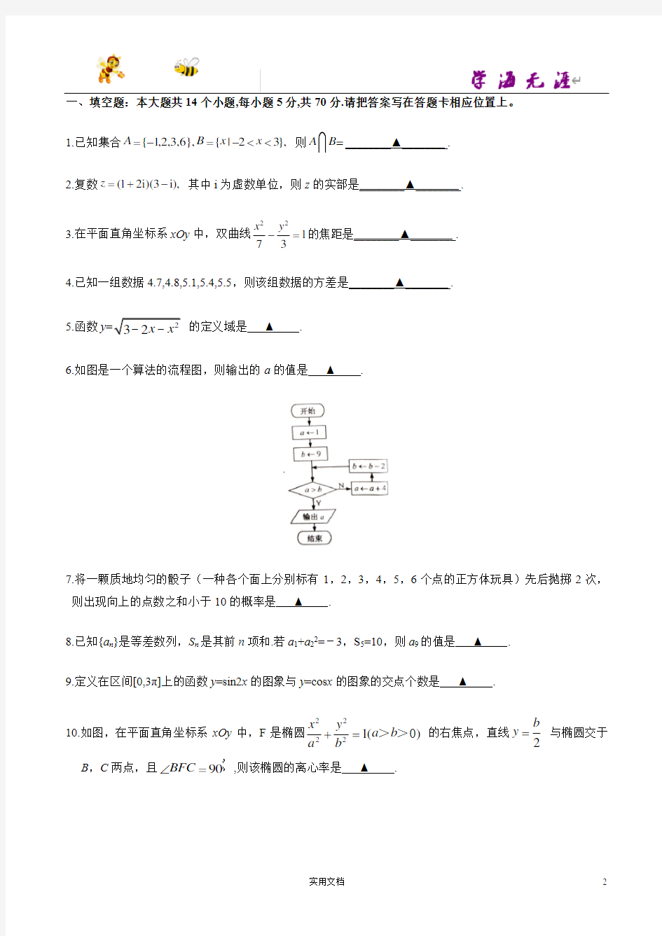2016年江苏省高考数学试题(,含答案)