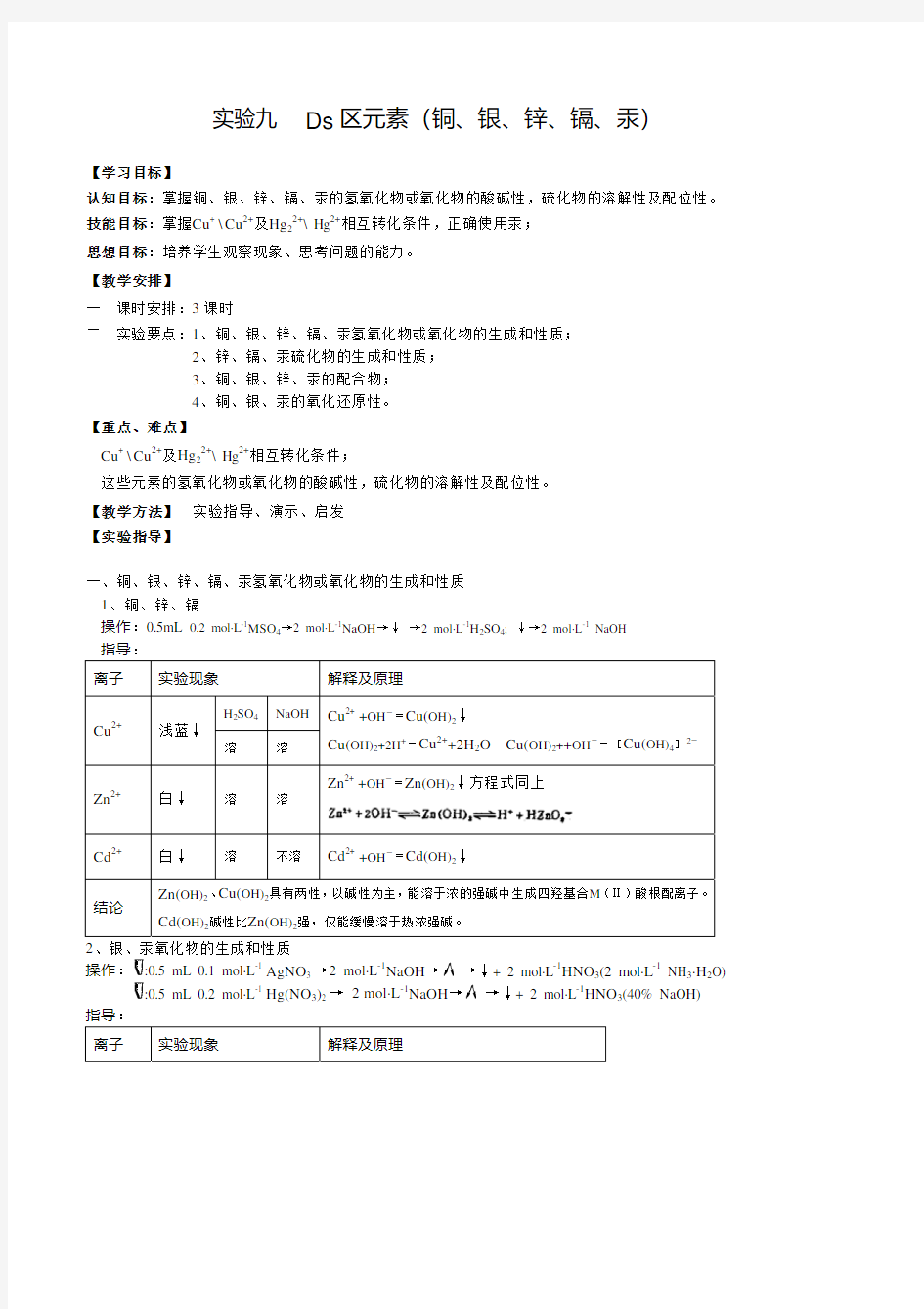 无机化学实验报告 Ds区元素 铜 银 锌 镉 汞 