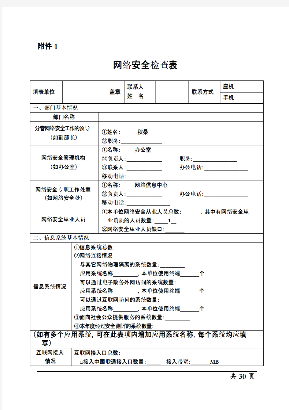 网络安全检查表格