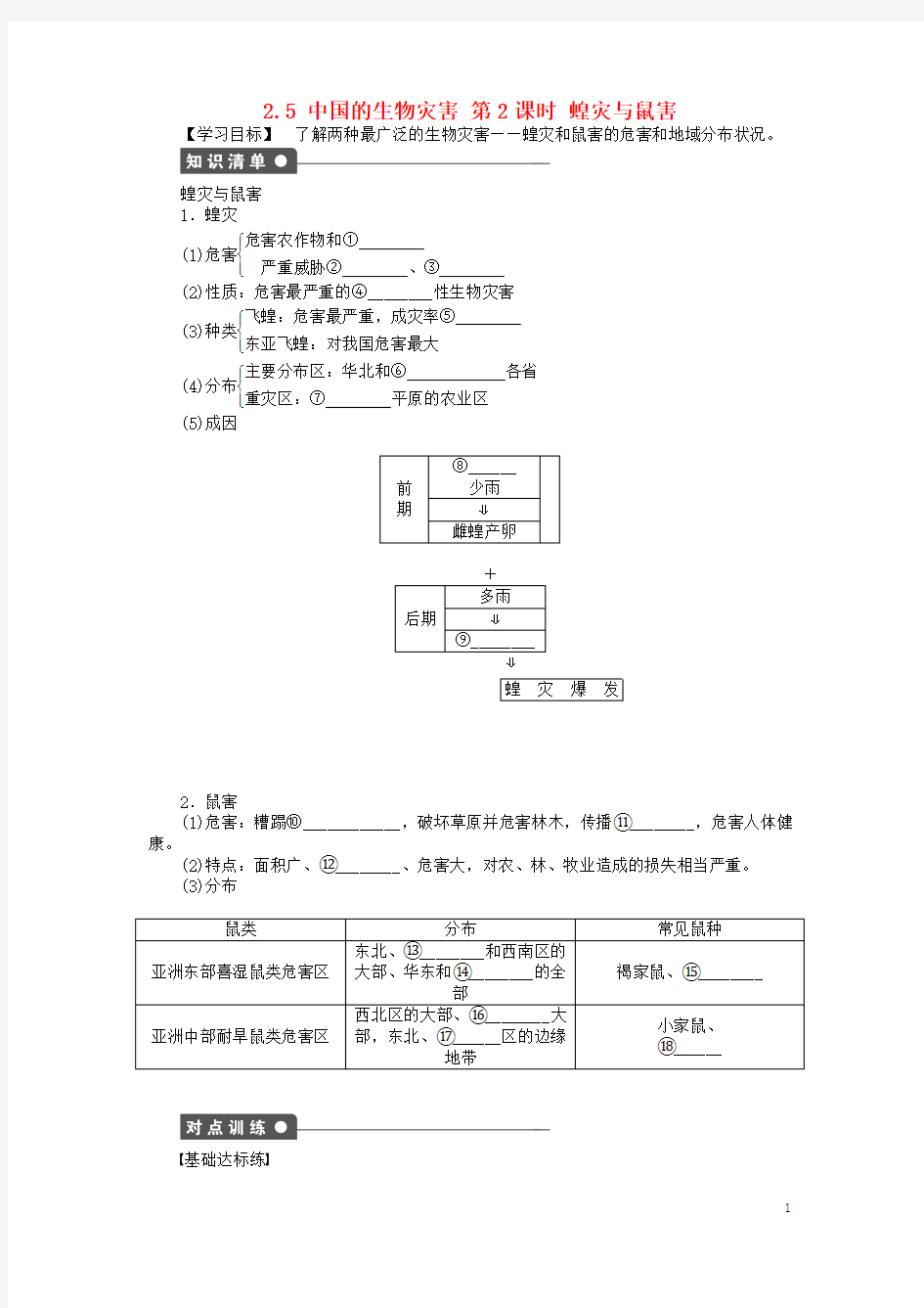 高中地理第二章中国的自然灾害第五节中国的生物灾害(第2课时)蝗灾与鼠害学案新人教版选修5