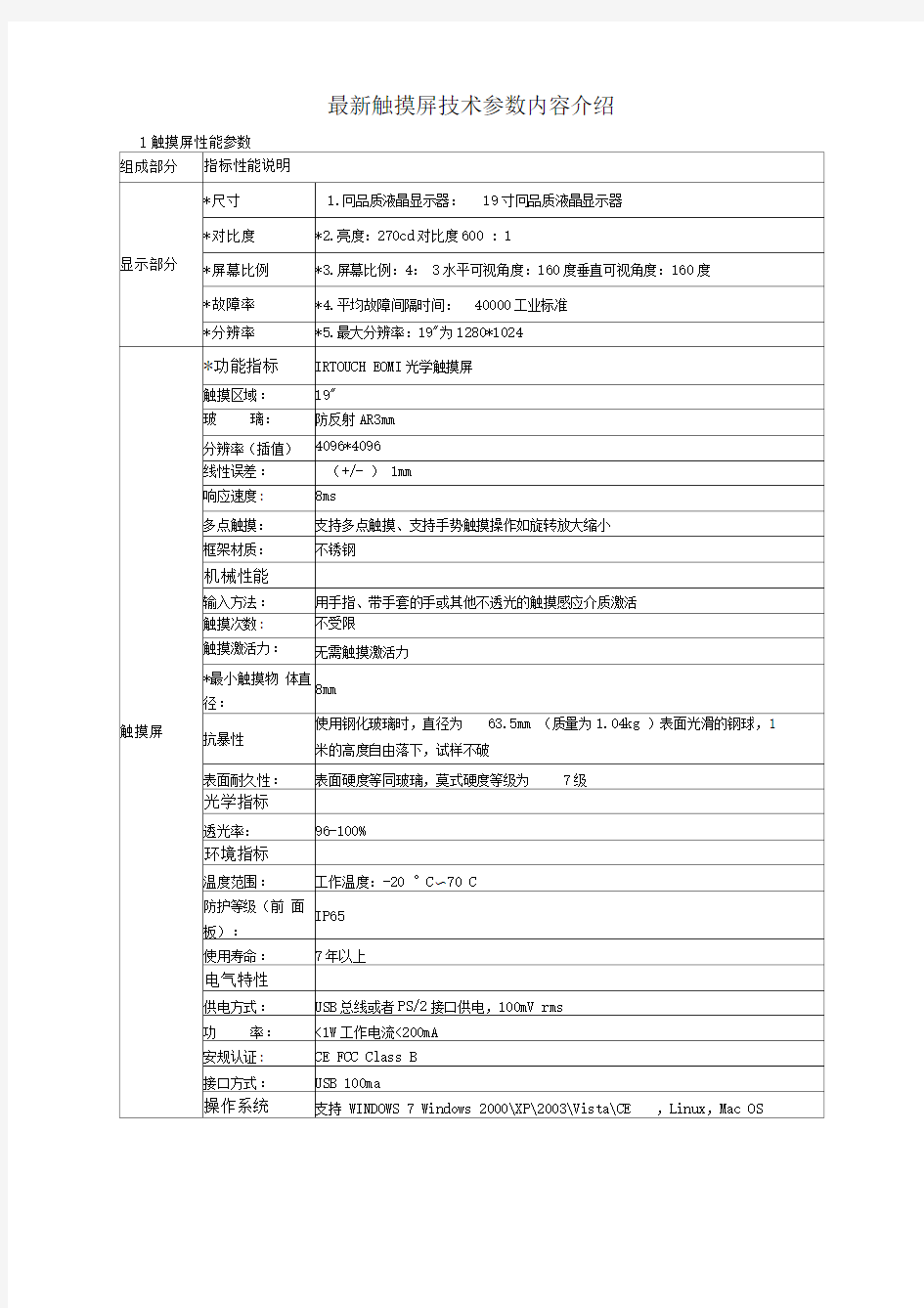 触摸屏技术参数内容介绍