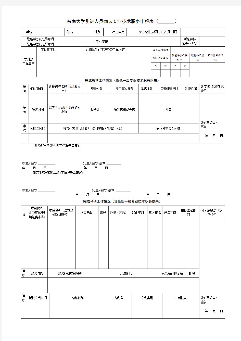 东南大学引进人员确认专业技术职务申报表(