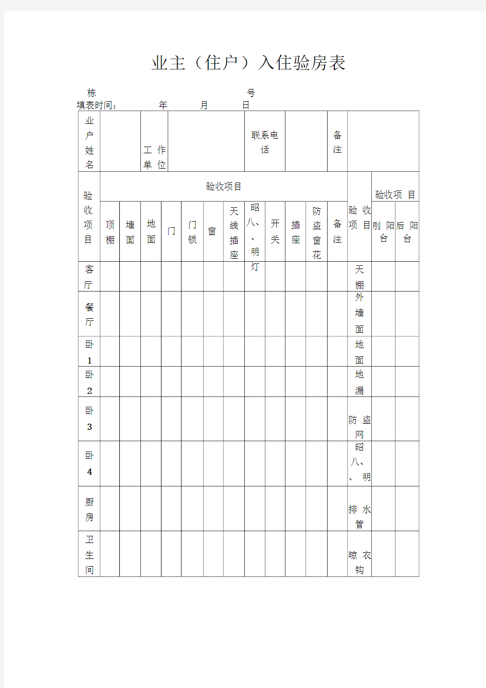 业主入住验房表模板范文