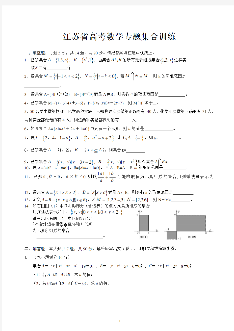 高考数学专题训练题及解析(江苏省)：集合