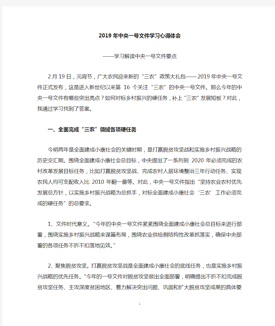 2019年中央一号文件学习心得