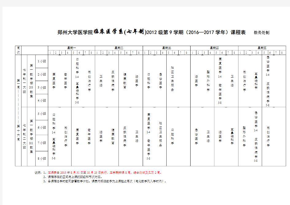 郑州大学医学院临床医学系(七年制)2012级第9学期(2016—2017学年)课程表