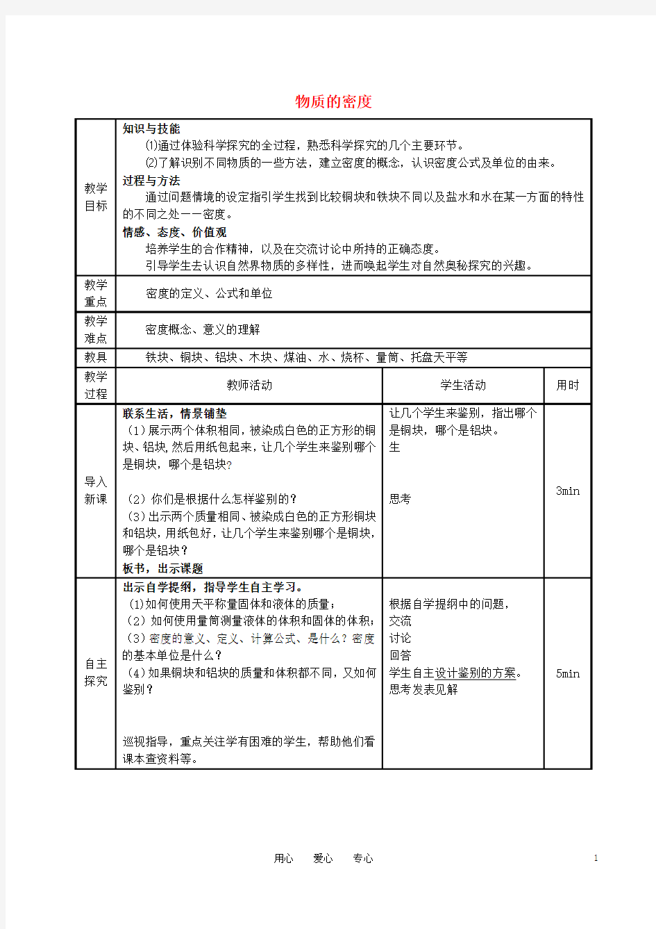 《科学探究-物质的密度》教案-沪科版