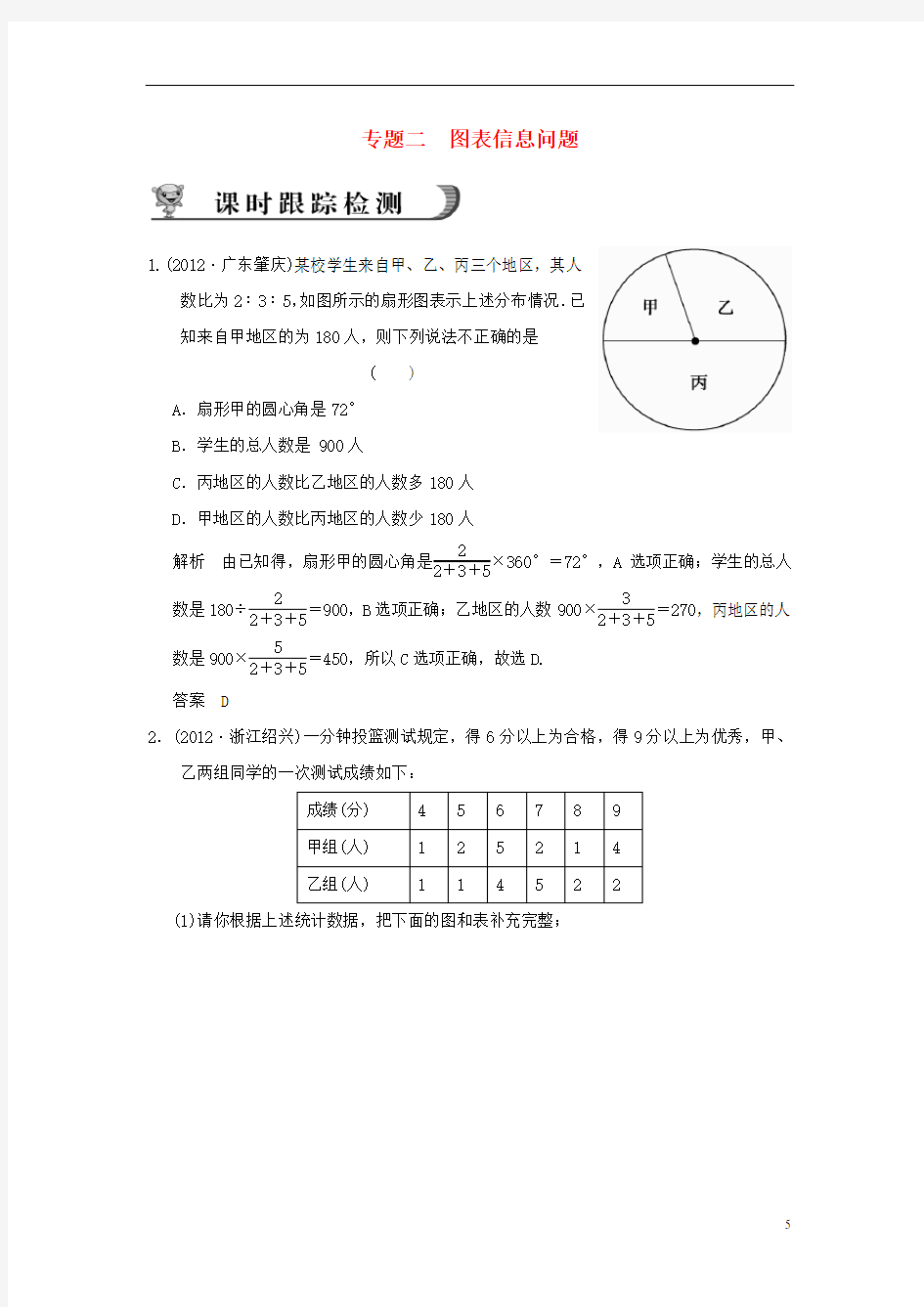 2013年中考数学二轮专题复习 专题二 图表信息问题 