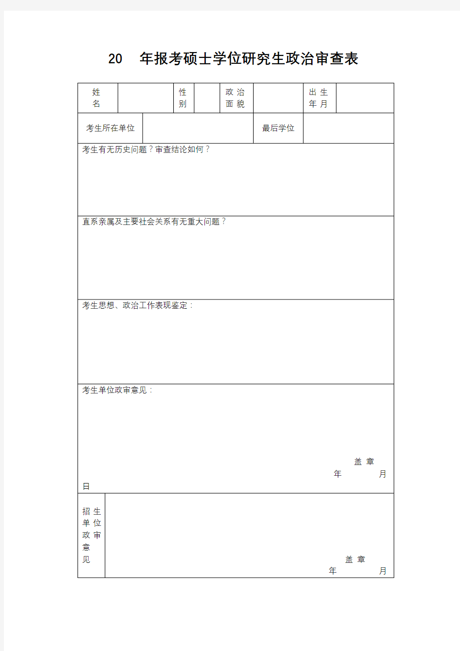 20年报考硕士学位研究生政治审查表【模板】