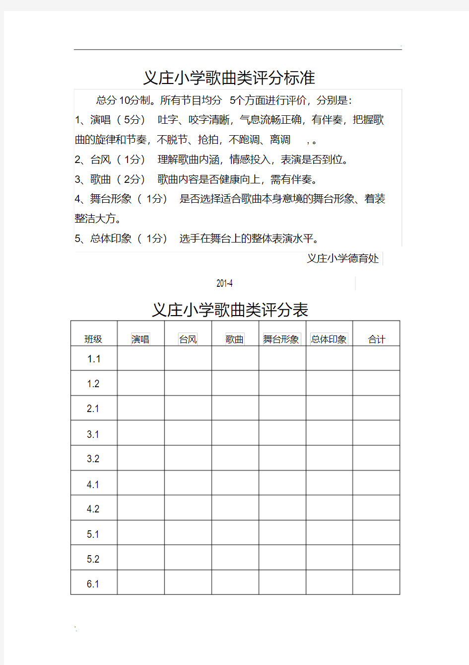 唱歌比赛评分标准和评分表