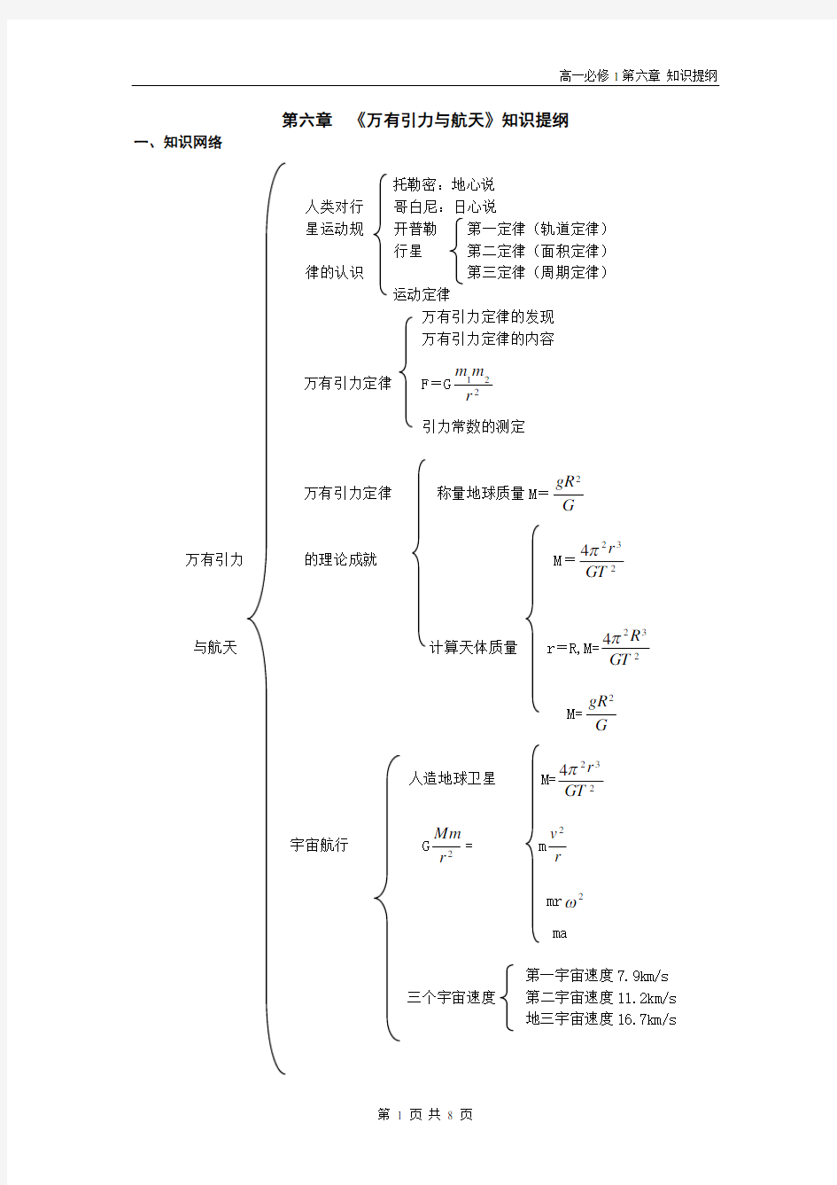 (word完整版)高中物理必修二《万有引力与航天》知识提纲